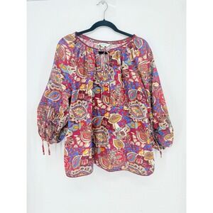 Sundance Women Boho Cotton Paisley Peasant Blouse Burgundy Balloon Oversized XL
